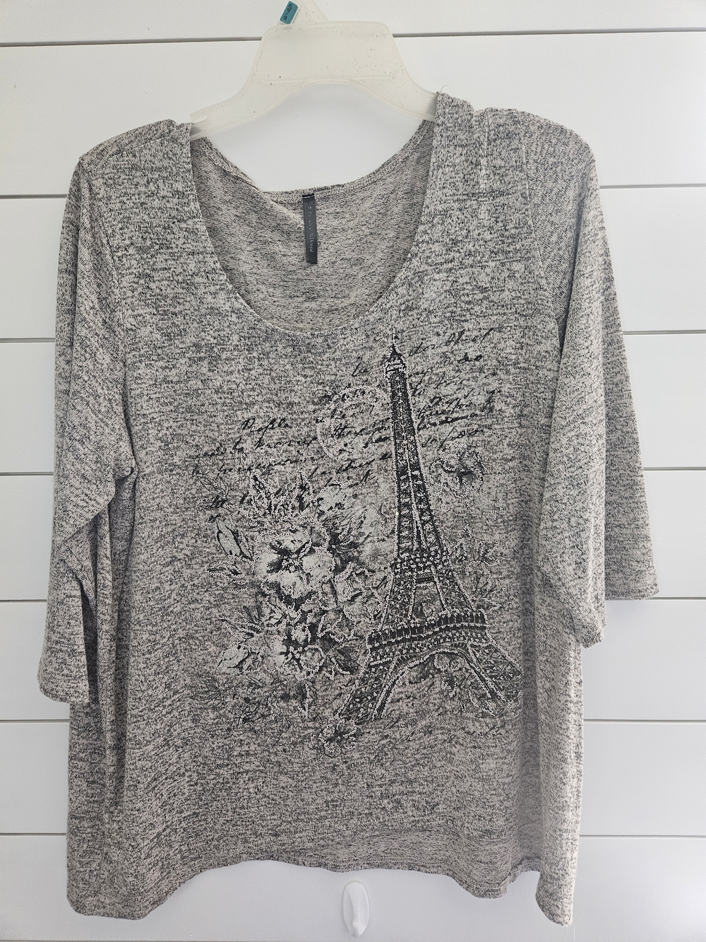 Boho Chic 1X Eiffel Tower Paris Graphic Marled Knit Top Rhinestone